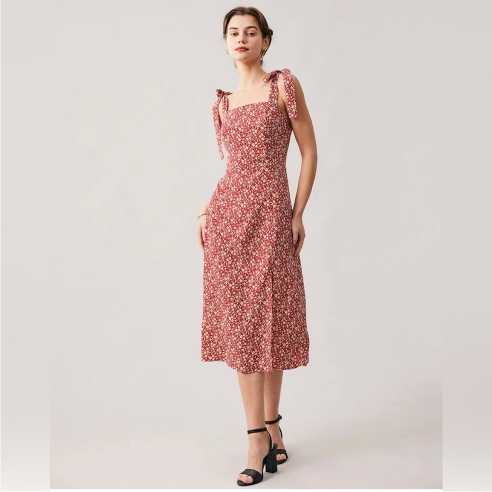 RIHOAS Floral Tie Shoulder Slit Midi Dress